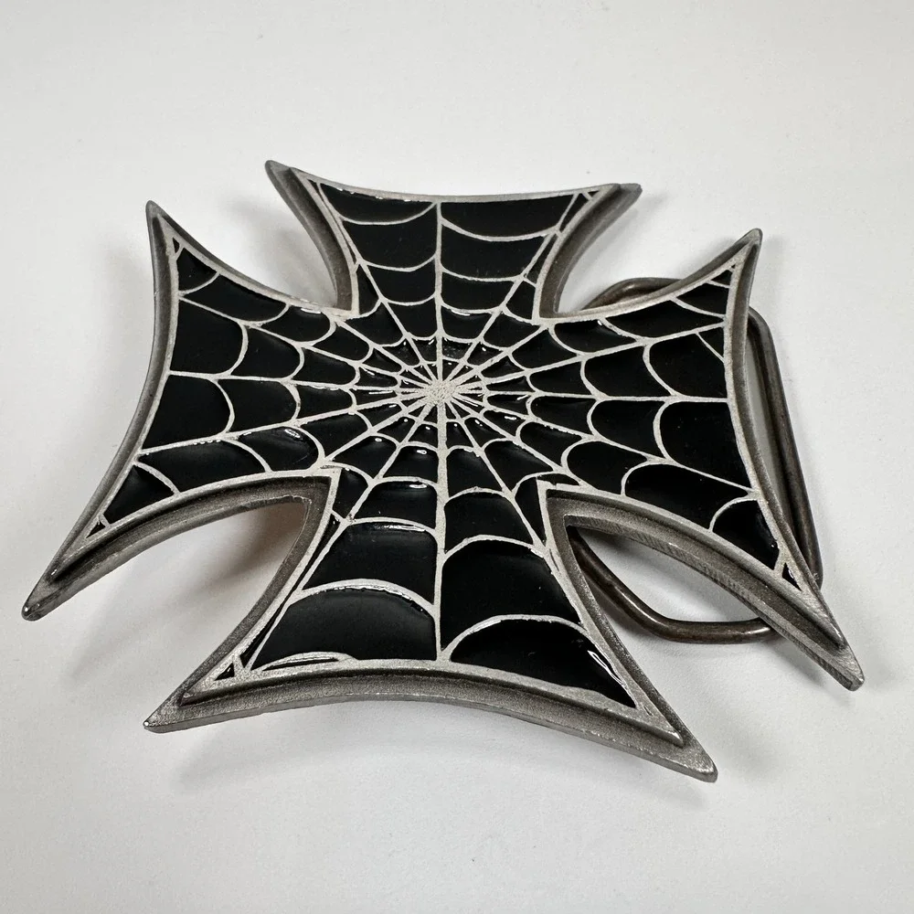 VTG BELT BUCKLE Spiderweb Iron Maltese Cross #4639 Pewter 2003 Black Skulls Goth